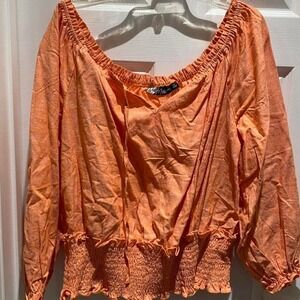 New York & Company Madison Shirt Orange Smocked Waist Off The Shoulder Blouse XL